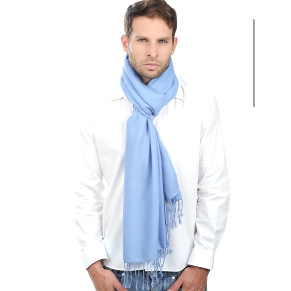 NWT Light Ice Blue Cashmere Scarf Foulard Pashmina fringe wrap w zipper dust bag - Picture 12 of 15